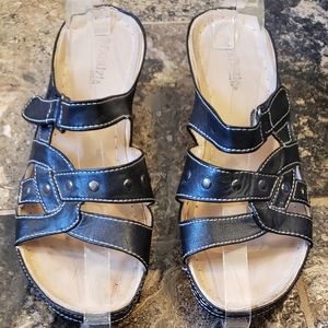 Patrizia by Spring Step Wedge Sandals, Black Leather, Size EU 41 (US 9.5-10)